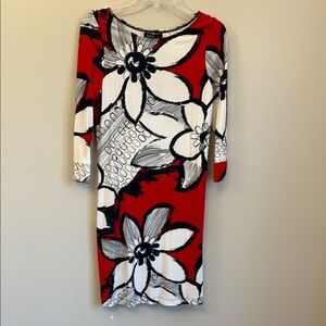 ABS Allen Schwartz Red and Black Sheath Dress with Bateau Neckline